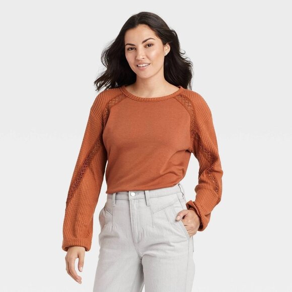 Knox Rose Lace Cutout Thermal & Waffle Knit Cave Brown LS Top - Picture 1 of 8